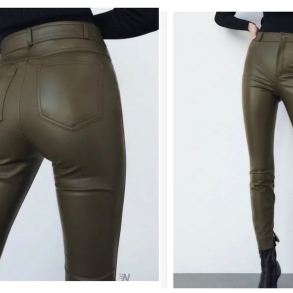 Zara olive khaki green faux leather high-rise leggings Sz M NWOT pleather vegan - Picture 3 of 17